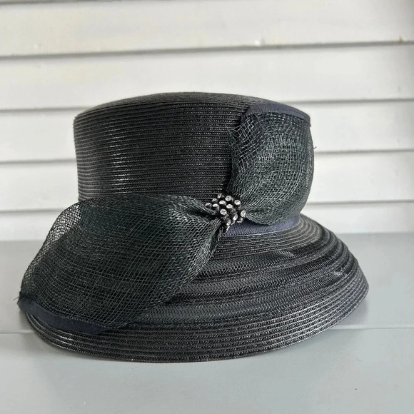 Black Straw Hat w/ Bow on Side Women's - Picture 2 of 6